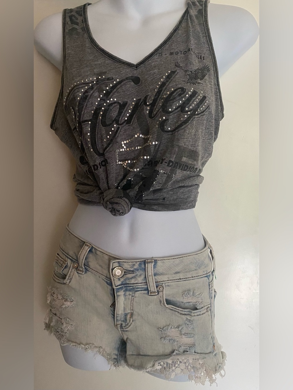 American Eagle Outfitters Gray Studded V-Neck Knot Front Tank